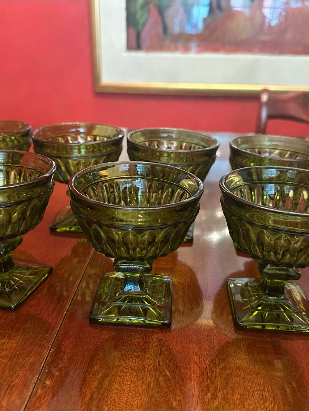 Indiana Glass Colony Park Whitehill 7 pcs Olive Green Glass Sherbet Dessert Cups